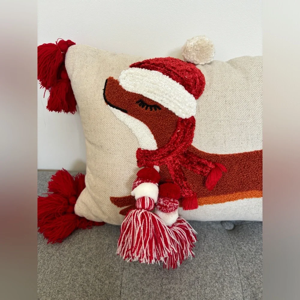 NWT Opalhouse x Jungalow Santa Dog Embroidered Lumbar Christmas Pillow